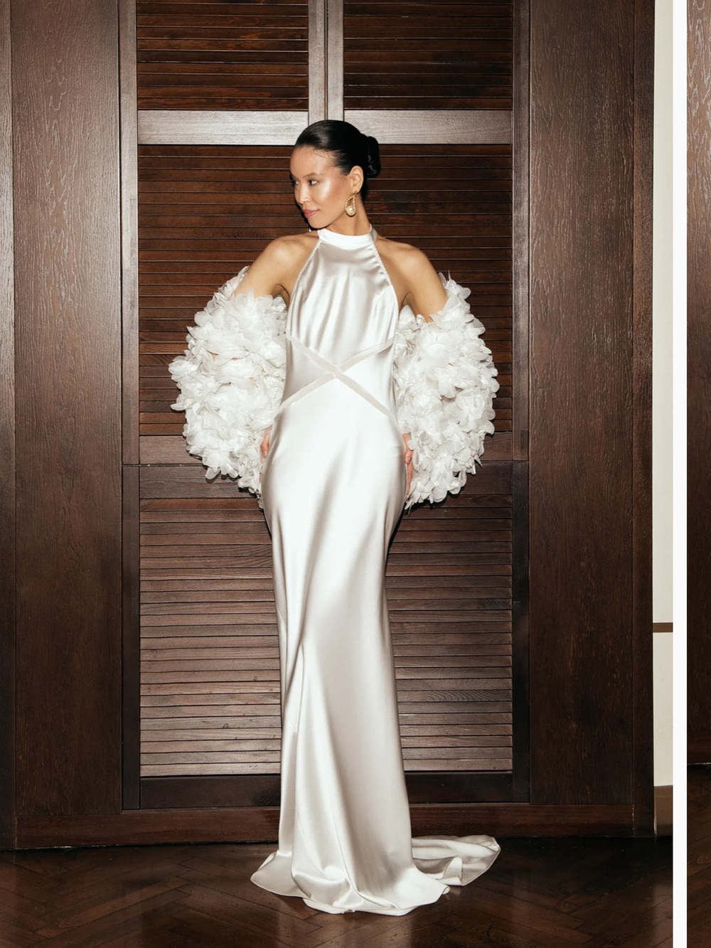 Silk-Look Ivory Halter Evening Gown with Feather Wrap